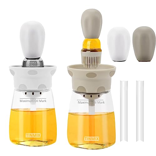 2 Pack Oil Dispenser Bottle With Basting Brush - 2 In 1 Glass Olive Oil Storage Container with Measuring Lines Silicone Squeeze Dropper for Cooking Frying Baking BBQ, T-OB23, Gray+White