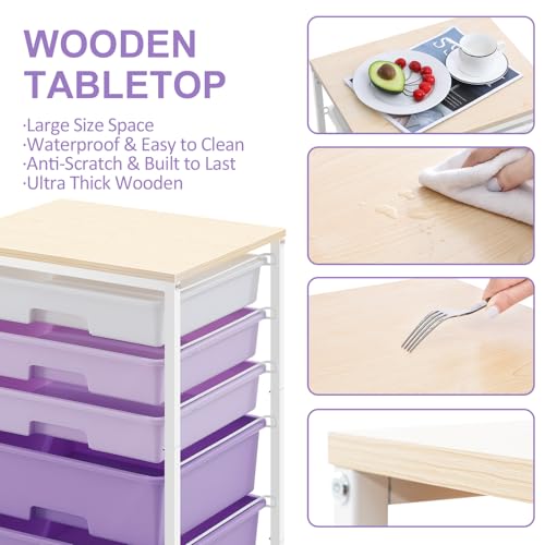 SYKIARIOL Utility Cart with 5 Drawers,Storage Drawer Cart with Wooden Tabletop and Lockable Wheels,Craft Storage Trolley Cart,5-Tier Rolling Utility Cart on Wheels,Purple - color: Purple