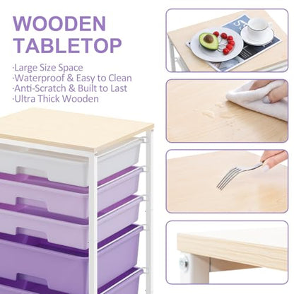SYKIARIOL Utility Cart with 5 Drawers,Storage Drawer Cart with Wooden Tabletop and Lockable Wheels,Craft Storage Trolley Cart,5-Tier Rolling Utility Cart on Wheels,Purple - color: Purple