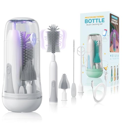 IvyWind Electric Travel Baby Bottle Brush Set with Storage Box, Automatic Bottle Cleaner Brush Kit with Silicone Bottle/Nipple/Straw Brush, Milk Frother Electric and Drainage Rack, Rechargeable, Gray - color: Gray