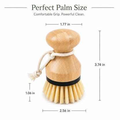 Kitchen Simple Bamboo Palm Brush Set, 2 Pack Dish Scrub Brushes for Pots, Pans, Dishes, Sink & Vegetable Cleaning, Durable Bristles, Bamboo Handle, Black Accent & Cotton Hanging Loop