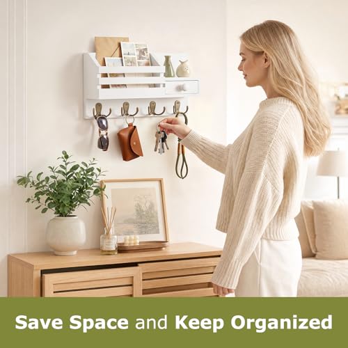 Key Holder Wall Mount, Wooden Adhesive Mail and Key Organizer with Drawer, Small Shelf, 8 Hooks, 2 Installation Methods, White - color: White