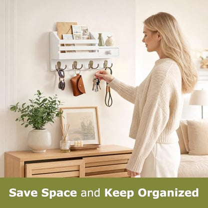 Key Holder Wall Mount, Wooden Adhesive Mail and Key Organizer with Drawer, Small Shelf, 8 Hooks, 2 Installation Methods, White - color: White