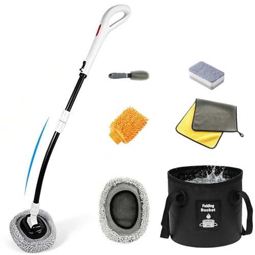 7-in-1, Car Wash Brush 15°Curved with 47" Long Handle and 90° Rotating Replaceable Brush Head, Car Wash Kit with Microfiber Towel and Tire Brush for Car, SUV, RV, Floor Cleaning-White. - color: White