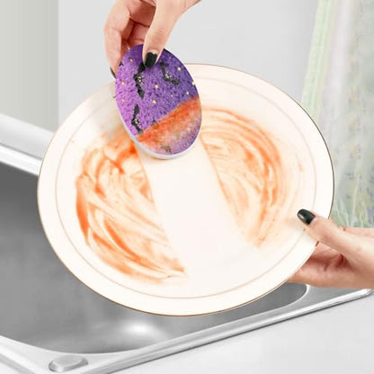 Bats Flying on Purple Background Dish Scrub Sponges Kitchen Halloween Non Scratch Reusable Compressed Cellulose Sponge Hanging for Household Cleaning Washing Dishes Pots and Pans 3 Pack - color: Pattern16