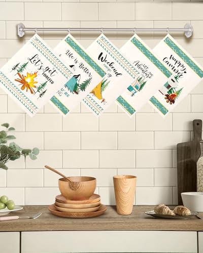 Miss Adola Swedish Dishcloths for Kitchen with Hooks - Reusable Dish Cloths for Washing Dishes Fast Drying Cute Fun 5 Pack Swedish Dish Towels Washable Cleaning Sponge, Green Camping - color: Green Camping