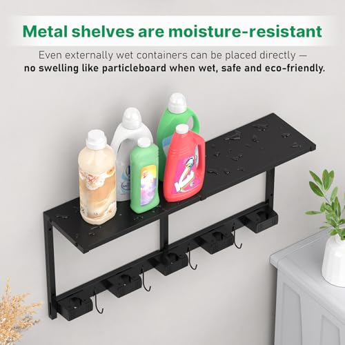 CCCEI Broom and Mop Wall Mount with Shelf, Laundry Room Cleaning Tools Organization Hanging Rack with Hooks, Bathroom, Garage, Garden Organizers and Storage. All Metal, Black, 2 Pack.