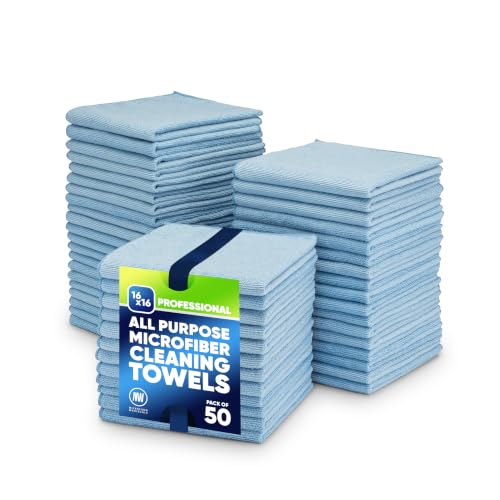 Microfiber Wholesale 16" x 16" All Purpose Towels - 50 Pack - Reusable Wash Cloths, Dust, Kitchen, Car, Shop Rags for Cleaning (Blue) - color: Blue, size: 50 Pack