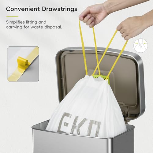 EKO 21 Gallon / 50-90 Liter, 60 Count Drawstring Trash Bags, Extra-Strong Garbage Bags, Lavender Scent with Continuous Odor Control, Easy-Dispense Roll for Kitchen and Household Use, Code G, White - size: 60 Count (Pack of 1), style: 21 Gallon Bags/Code G