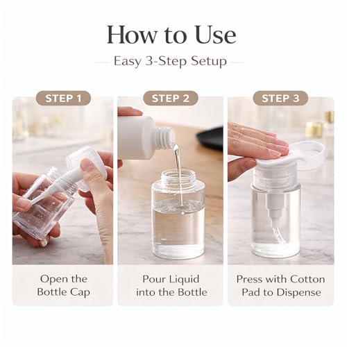 Refillable Press Pump Dispenser Bottle, Clear, Leak-Proof, Portable Reusable Travel Size for Makeup Remover, Toner, Nail Polish Remover,6.08oz(200ml)