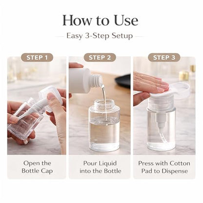 Refillable Press Pump Dispenser Bottle, Clear, Leak-Proof, Portable Reusable Travel Size for Makeup Remover, Toner, Nail Polish Remover,6.08oz(200ml)