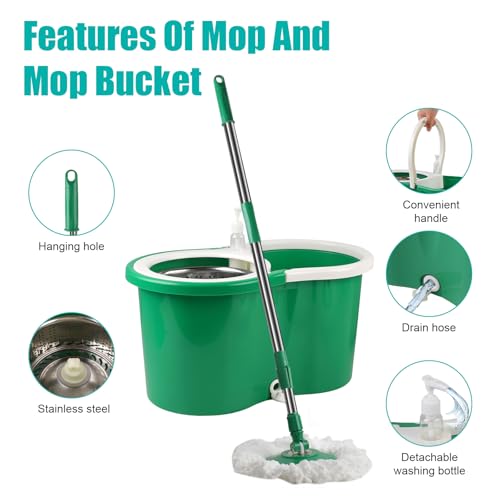 Spin Mop and Bucket with Wringer Set, 360° Spinning Mop Bucket System with 3 Microfiber Mop Replacement Heads and 61" Stainless Steel Adjustable Handle for Floor Cleaning (20QT) - color: Green