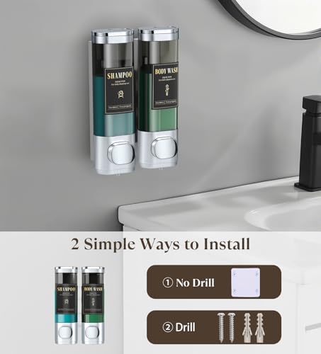 Luxspire Shampoo and Conditioner Dispenser, No Drill Wall Mounted Shower Soap Dispenser 2 Chamber with Waterproof Labels, Easy Refill Soap Dispenser for Bathroom Hotel Kitchen, Silver - color: Silver, size: 2 Chamber