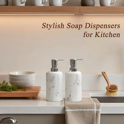 YMXYJM Resin Soap Dispenser Sets, 2 Pcs Heavy Lotion Dispensers,10.8oz Refillable Liquid Soap Dispensers with Rust-Proof Pump for Bathroom Countertop or Kitchen, Artificial Marble White - color: White