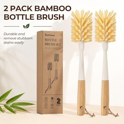 2 Pack Bamboo Bottle Brush - 11.4” Long Handle Water Bottle Cleaner Brush with Odorless Nylon Bristle, Bottle Scrubber Brush for Cleaning Mug, Glass, Sports Bottle