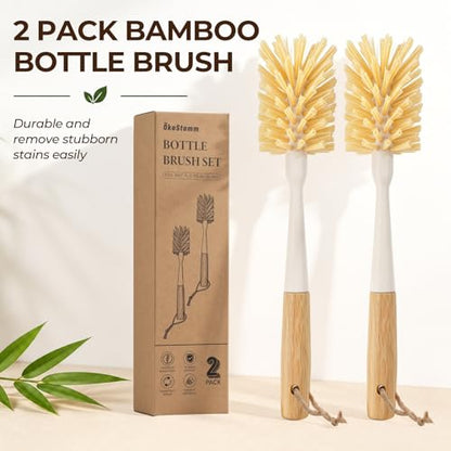 2 Pack Bamboo Bottle Brush - 11.4” Long Handle Water Bottle Cleaner Brush with Odorless Nylon Bristle, Bottle Scrubber Brush for Cleaning Mug, Glass, Sports Bottle