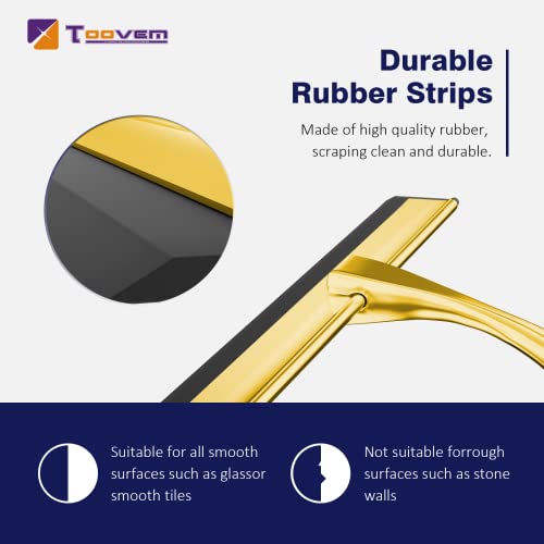 TOOVEM 12 Inch Shower Squeegee for Glass Doors, Window, Bathroom, Car Windshield, Shower Cleaning Tools with S Hook, Square Sticky Hook（Gold） - style: Gold 12 inch