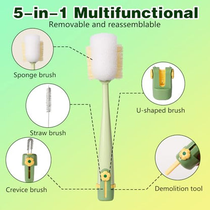 5 in 1 Bottle Cleaning Brush Set, 2026 Multifunctional Lid Brush Cleaning Tool Kitchen, Portable Long Handle Bottles Scrubber for Cup Lids, Hard Bristle Sponge Head Bottle Brushes (White and Green)