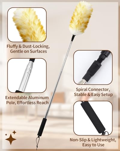 Extendable Wool Duster, 18-48 Inch Long Handle Duster with Natural Fluffy Wool Head, Dusters for Cleaning Ceiling Fans, Blinds, High Ceilings, Furniture, Washable & Reusable - color: Wool Color