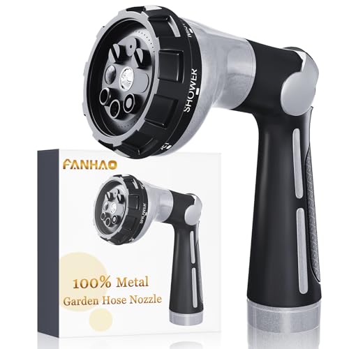 FANHAO Garden Hose Nozzle Heavy Duty, 100% Metal Water Hose Sprayer with 8 Spray Patterns, High Pressure Spray Nozzle Thumb Control On Off Valve for Lawn & Plant Watering, Car & Pet Washing - Silver - color: Silver