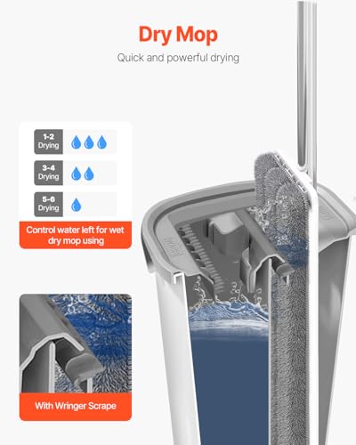 VEVOR Mop and Bucket with Wringer Set, Wet & Dry Use, Flat Mop and Bucket System with 3 Washable Microfiber Pads, Flat Mop with Stainless Steel Handle, Mop Bucket Set for Hardwood Tile Vinyl - style: Flat Mop and Bucket with 3 Pads