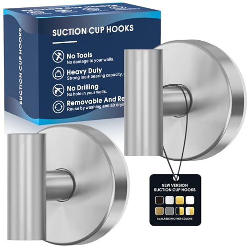 MOTAIPEAK Suction Cup Hooks for Shower,Heavy Duty Shower Towel Suction Hooks,No Drill Wall Mounted Towel Hooks for Bathrooms Wall,Kitchen,Glass,Mirror,Tile to Hang Towels,Robes,Coat-Silver(2 Pack) - color: Silver, size: 2 Pack