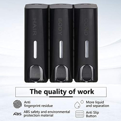AUMIO Chamber Shower Soap Dispenser Trio Wall Mounted Shampoo and Conditioner Dispenser Set, No Drill for Bathroom Hotel, Black - color: Black 3 Chamber