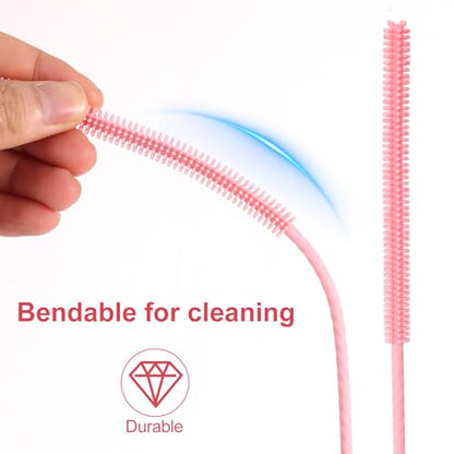 Penitue 4pcs Silicone Straw Cleaner Brush, 6mm/0.24in + 9mm/0.35in Reusable Extra-Long Cleaning Brush for 8mm/0.31in and 10mm/0.39in Metal & Glass Drinking Straws Dishwasher Safe (Pink, Star & Heart)