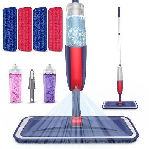 Spray Mops for Floor Cleaning: MEXERRIS Wet Dust Mops with 4 Washable Pads for Swiffer Powermop & 2 Refillable Bottles - Flat Floor Mop Home Commercial Mop for Hardwood Wood Laminate Ceramic Tiles - color: Red