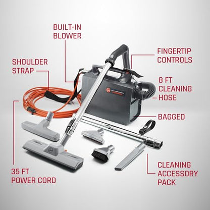 Hoover Commercial PortaPower Lightweight Canister Vacuum Cleaner, Bagged Canister Vac with Attachments, 2-in-1 Vac and Blower, Corded Vacuum Cleaners for Commercial Use