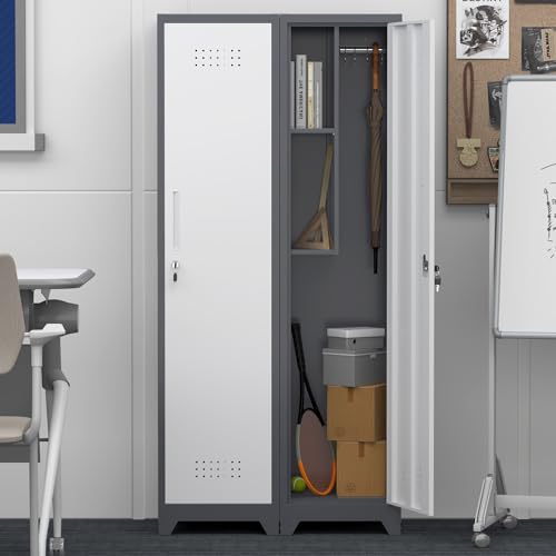 GREATMEET Slim Metal Utility Cleaning Storage Cabinet with Single Door, Narrow Tool Organizer for Brooms, Mops & Cleaning Supplies, Garage & Laundry Room Use, Grey White - color: Gray&white, size: 65"H Slim Broom Cabinet