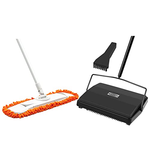 JEHONN Carpet Floor Sweeper Manual with Horsehair, Dust Mop for Floor Cleaning with 2 Washable Microfiber Pads