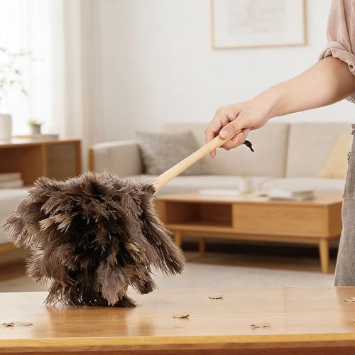 NCEDN Genuine Ostrich Feather Duster 15 inches – Soft Dense Real Feathers, Wooden Handle, Feather Duster for Cleaning Furniture, Blinds & Car Interior - color: Beige + Natural