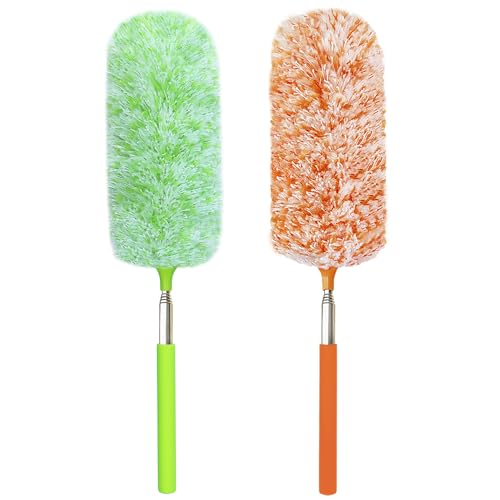 2 Pack Extendable Microfiber Feather Duster, Electrostatic Microfiber Head, Up to 30 Inch Extension Pole, Car Duster, Telescoping Feather Dusters for Cleaning