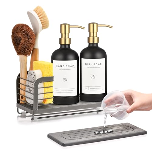 Kitchen Soap Dispenser Set with Drying Tray – 16oz Glass Bottles with Stainless Steel Pumps, Sink Organizer Caddy with Brush Holder & Non-Slip Feet – All-in-One Dish & Hand Soap Station - color: Grey Sink Caddy + Black Bottle + Gold Pump