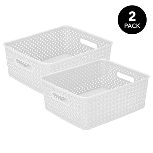 Simplify Medium Resin Wicker Storage Bin | Dimensions: 14"x11.5"x5.15" | Durable | 2 Open Handles | Wicker Design | Light Weight | Home Organization | White