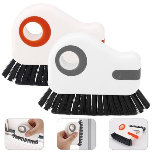 PEUTIER 2pcs Crevice Cleaning Brush, Hard Bristle Window Track Cleaning Tools 2 in 1 Cleaner Scrub Brush Grip Brush Cleaner with Hidden Scraper for Sliding Door Sill Shutter Vents Household
