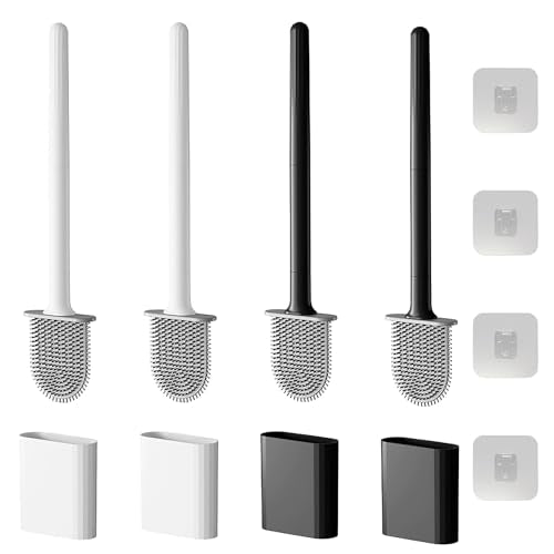 Toilet Bowl Brush and Holder Set, Flexible Silicone Bristles with Detachable Handle, Compact RV and Bathroom Toilet Brush (2 black 2 white)