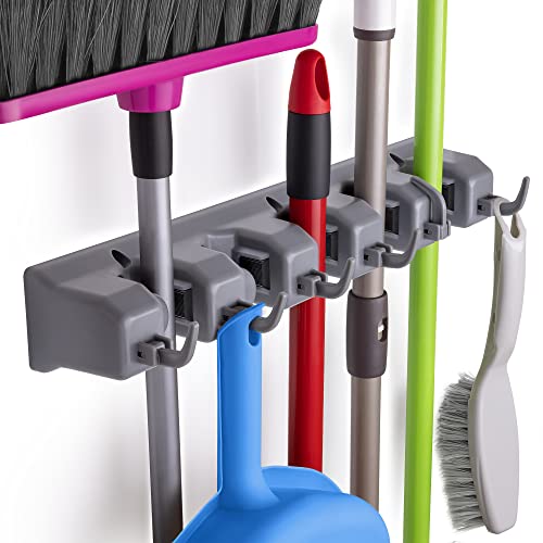 Zulay Home Mop and Broom Organizer Wall Mount - Easy To Install Mop and Broom Holder Wall Mount For Storing Cleaning Supplies - Organizer Utility Racks Mop Holder and Broom Hanger (5 Slots, Gray) - color: Gray, size: 5-Slot