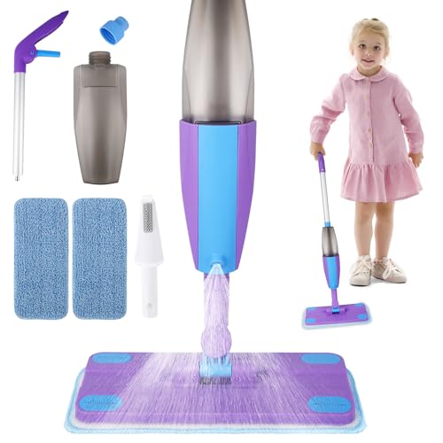 Kids Spray Mop, Real Working Toddler Cleaning Set with Water Sprayer & 2 Washable Mop Pads & Scraper, Pretend Play Montessori Housekeeping Toys Gifts for Toddlers Kids Girls Boys (Blue&Purple)