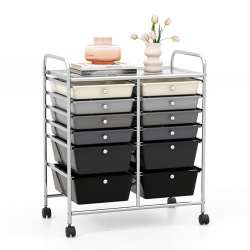 GOFLAME 12-Drawer Rolling Storage Cart, Multipurpose Organizer Cart with 2 Sizes Plastic Drawers, Mobile Utility Cart with Lockable Casters for School, Home Office, Beauty Salon, Gradient Grey - color: Grey Gradient, size: 12-Drawer-2