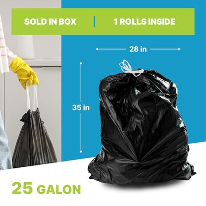 Drawstring Trash Bags, 28×35 Inches, 1 Mil Thick, 50 Count – Heavy Duty Black Garbage Bags with Drawstring Closure, 33 Gallon Capacity