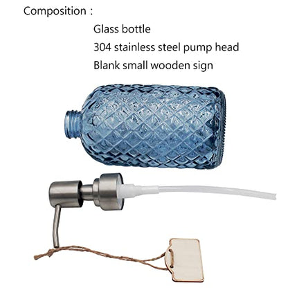 16 oz Diamond Pattern Glass Soap Dispenser, Kitchen and Bathroom Refillable Soap Dispenser with Rust Resistant Stainless Steel Pump for Hand Soap, Lotion Glass Liquid Dispenser (Blue) - color: Blue