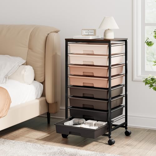 TOOLF Rolling Carts with Wheels, 8-Drawer Utility Cart, Wooden Tabletop Storage Cart for Office, Arts & Crafts, Classroom, Bedroom, Brown - color: Brown