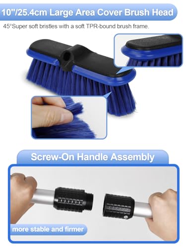 Car Wash Brush with Long Handle 62"/156cm Telescoping Mop Pole 10" /25.4cm Larger Soft Bristle Head for RV Truck SUV Window Glass Tyres Boat Floor Deck House Siding Wall Snow Removal Cleaning Tool