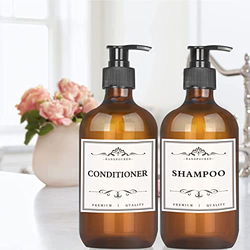 4 Pack 16.9 Oz Shampoo and Conditioner Hand Soap Dispenser Refillable Pump Bottles with Waterproof Labels (Amber)