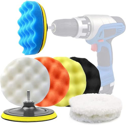 6 Inch Car Polishing & Buffing Sponge Pads Kit Wool Bonnet Pads for Household Electric Drill and Auto Polisher with 8mm M14 Drill Adapter for Washing Cleaning Waxing Dusting, 11PCS - size: 6 Inch