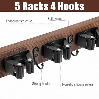 2 Pack Broom Holder Wall Mount Rustic Wood Broom Hanger Wall Mount With 5 Slots And 4 Hooks Mop And Brooms Organizer Walls Hanging For Laundry Rooms Garage Kitchen Closet Decor Brown