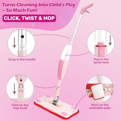 Dreamon Kids Spray Mop - Real Working Toddler Cleaning Set with Water Sprayer & 3 Washable Mop Pads & Scraper, Pretend Play Montessori Housekeeping Toys Gifts for Toddlers Kids Girls Boys(Pink) - color: Pink