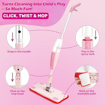 Dreamon Kids Spray Mop - Real Working Toddler Cleaning Set with Water Sprayer & 3 Washable Mop Pads & Scraper, Pretend Play Montessori Housekeeping Toys Gifts for Toddlers Kids Girls Boys(Pink) - color: Pink